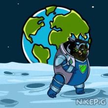 a cartoon of a pig standing on the moon with nikepig written below him