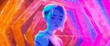 a close up of a person 's face in front of a colorful stained glass background .