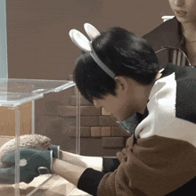 a person wearing bunny ears looks at a hedgehog in a cage
