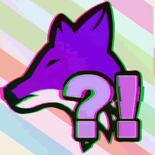 a purple fox with a question mark and an exclamation point behind it