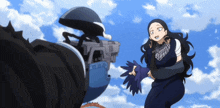 a woman with long black hair is holding a pair of gloves in front of a motorcycle