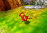 a video game character is flying through a field