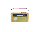 a yellow radio with a red handle and a green circle on the front