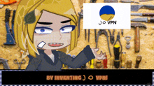 a cartoon girl is standing in front of a wall of tools and a sign that says jo vpn on it