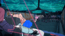 a cartoon drawing of a person sitting in a chair with a pink bunny in front of them
