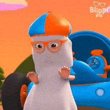 a cartoon character with glasses and a hat is standing in front of a blue car .