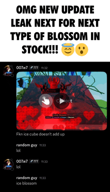 a screenshot of a game with the words omg new update leak next for next type of blossom in stock