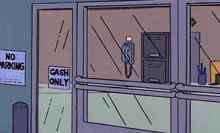 a cartoon drawing of a building with a sign that says cash only