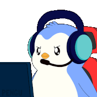 a penguin wearing headphones and a microphone looks at a computer screen