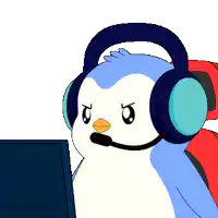 a penguin wearing headphones and a microphone looks at a computer screen