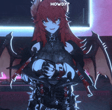a girl with red hair and horns is standing in front of a sign that says " howdy "