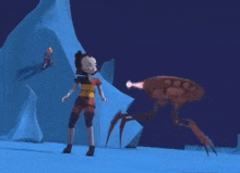 a cartoon character standing in front of a giant crab