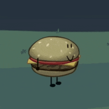 a cartoon drawing of a hamburger with arms and legs holding a piece of cheese