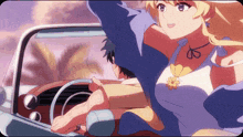 a girl with a flower necklace is driving a car with a man