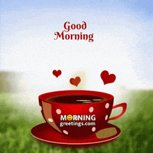 a cup of coffee with hearts coming out of it and the words good morning morninggreetings.com