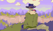 a cartoon drawing of a man in a cowboy hat looking at a landscape