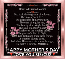 a mother 's day card that says happy mother 's day love your sis / cuz