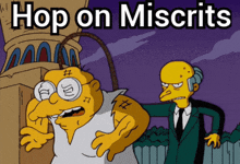 a cartoon shows a man with a rope around his head and the words hop on miscrits