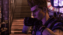 a man in a video game is holding a gun in front of a sign that says bi