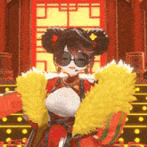 a girl wearing sunglasses and a fur coat is standing in front of a door