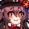 a pixel art illustration of a girl wearing a hat and a bow tie .