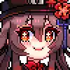 a pixel art illustration of a girl wearing a hat and a bow tie .