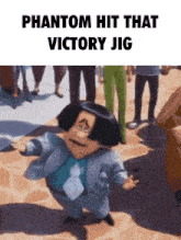 a man in a suit and tie is dancing in front of a crowd and says phantom hit that victory jig