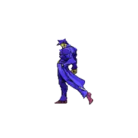 a pixel art of a man in a blue coat walking .