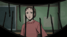 a girl in a pink shirt is behind bars in a cartoon
