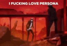 a man in a suit is standing in front of a red background with the words i fucking love persona