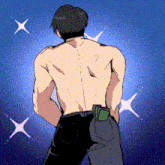 a man without a shirt has a stack of money in his pocket