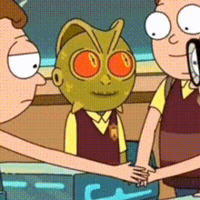 a cartoon character with red eyes is shaking hands with two other characters