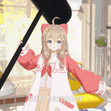 a girl in a pink dress is holding a large black hammer and says ban hammer on the bottom