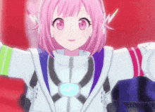 a pink haired anime girl in a white suit is standing in front of a red background with her arms outstretched .