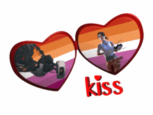 two hearts with a lesbian flag on them and the word kiss