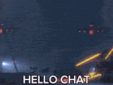a video game character says hello chat in a dark background