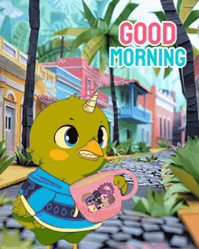 a cartoon of a bird holding a cup with the words good morning written on it