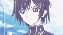 a close up of a purple haired anime character with a white background