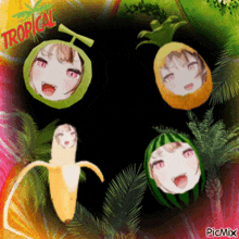 a picture of tropical fruits with a girl in a pineapple