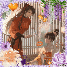 a man and a woman are standing next to each other in front of a fence surrounded by purple flowers .