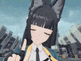 a cartoon girl with long black hair and cat ears is giving the middle finger in a video game .