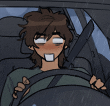 a cartoon of a man driving in the rain