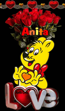 a gummy bear holding a heart with the name anita written above it