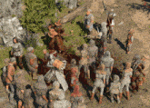 a group of people are gathered around a man holding a sword