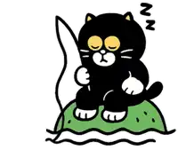 a black cat is sitting on a green island holding a surfboard and sleeping .