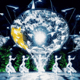 a group of people are dancing in front of a large circle