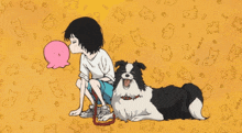 a girl blowing up a balloon next to a dog with the word wan written on the bottom