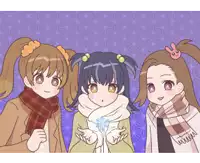 three anime girls are standing next to each other with a purple background