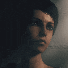a close up of a person 's face with a dark background