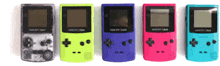 a row of different colored game boy consoles